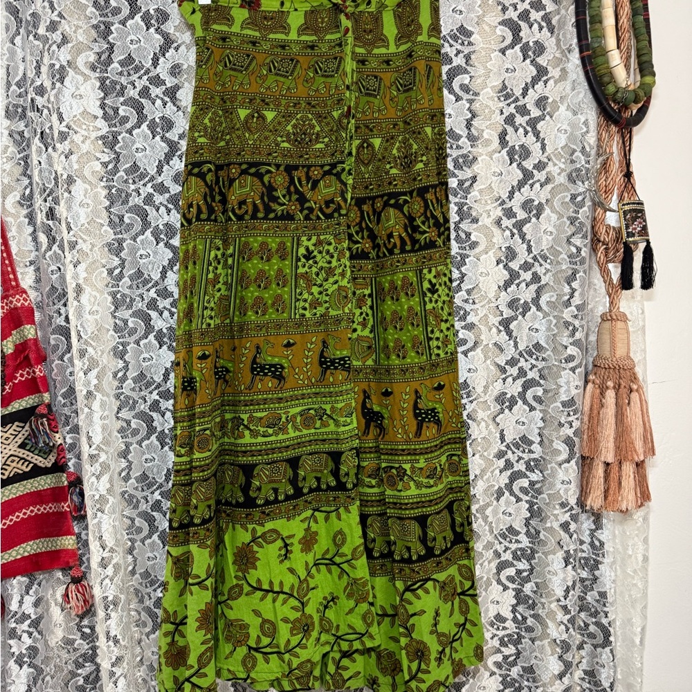 Cotton tapestry wrap skirt indian block print elephants OS GREEN EUC animal